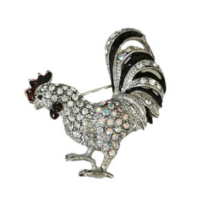 Silver and crystal with black enamel Rooster brooch pin 🆕